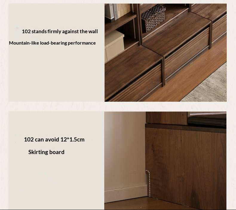 Black Walnut Solid Wood Integrated Wall Bookcase with Floor Display