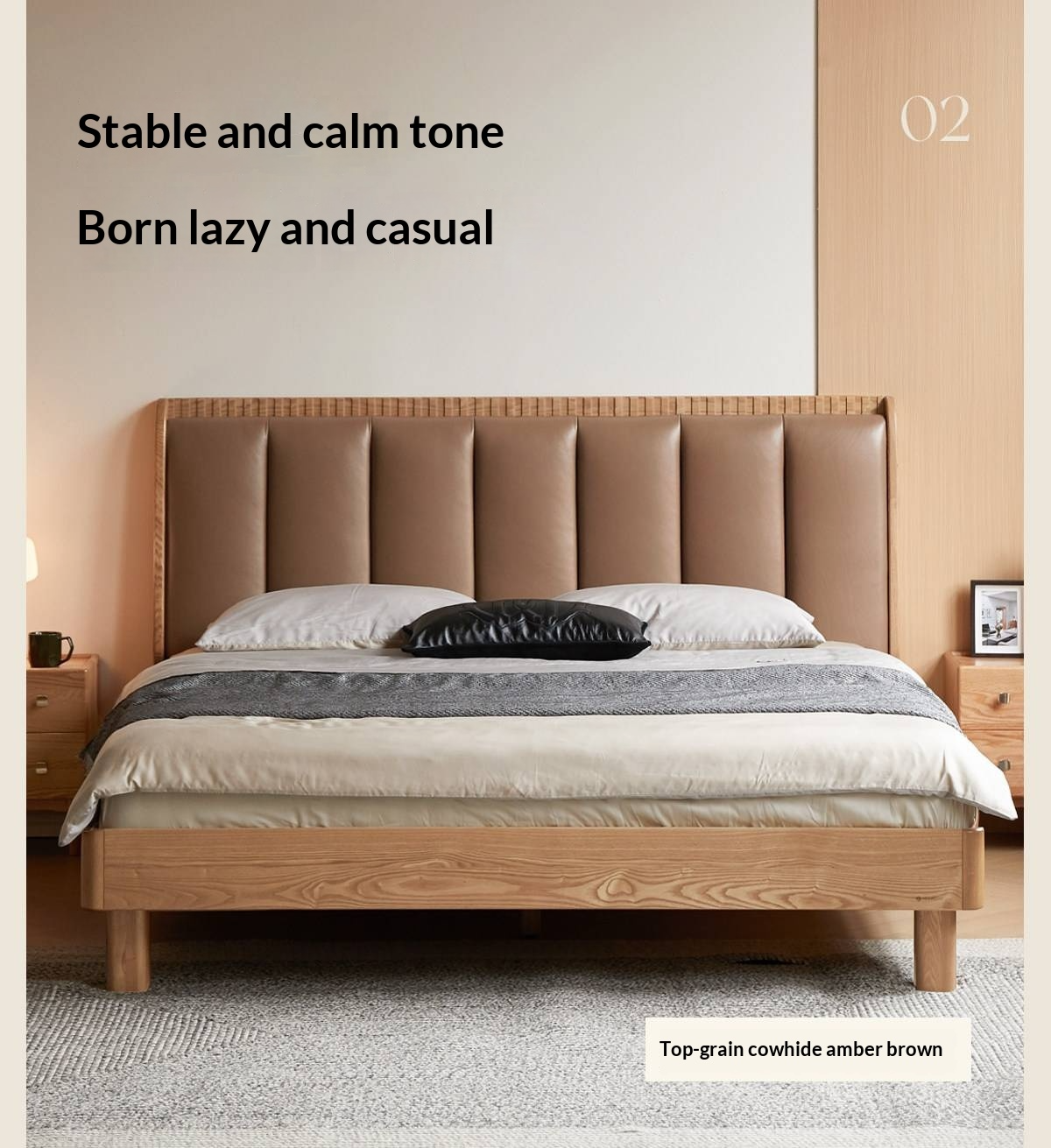 Ash Solid Wood Bed with Genuine Leather Upholstered Headboard