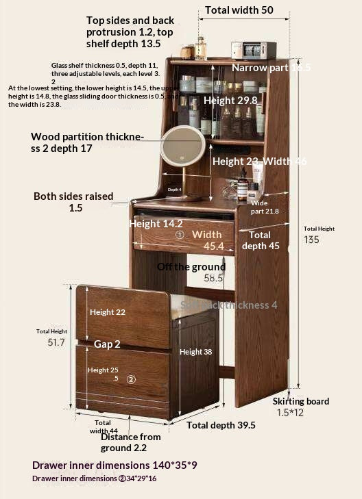 Oak Solid Wood, Rubberwood Solid Vanity Table with Drawers and Modern Minimalist Design
