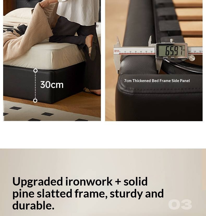 Genuine Leather Retro Box Bed — Black Upholstered, Simple Design