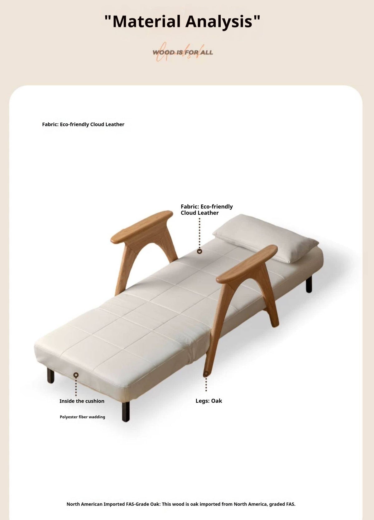 Oak, Beech Solid Wood Folding Sofa Bed Chair in Faux Leather