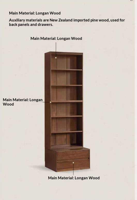Solid Longan Hardwood, Ash Solid Wood Bookcase with Floor-to-Deck and Wall-Mounted Display Cabinet