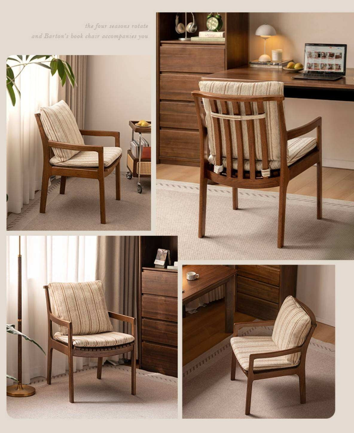 Oak Solid Wood Armchair, dual Reading Chair with Sculpted Back, Home Office Desk Chair