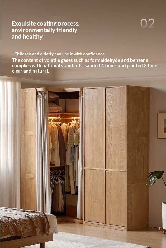 Oak Solid Wood Corner Wardrobe with Removable and Washable Fabric Curtain