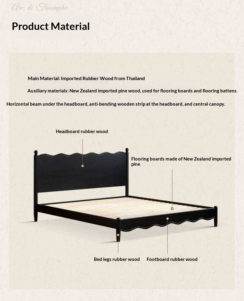 Rubberwood Solid Wood French Style Bed with Black Carved Headboard and Elegant Curved Frame