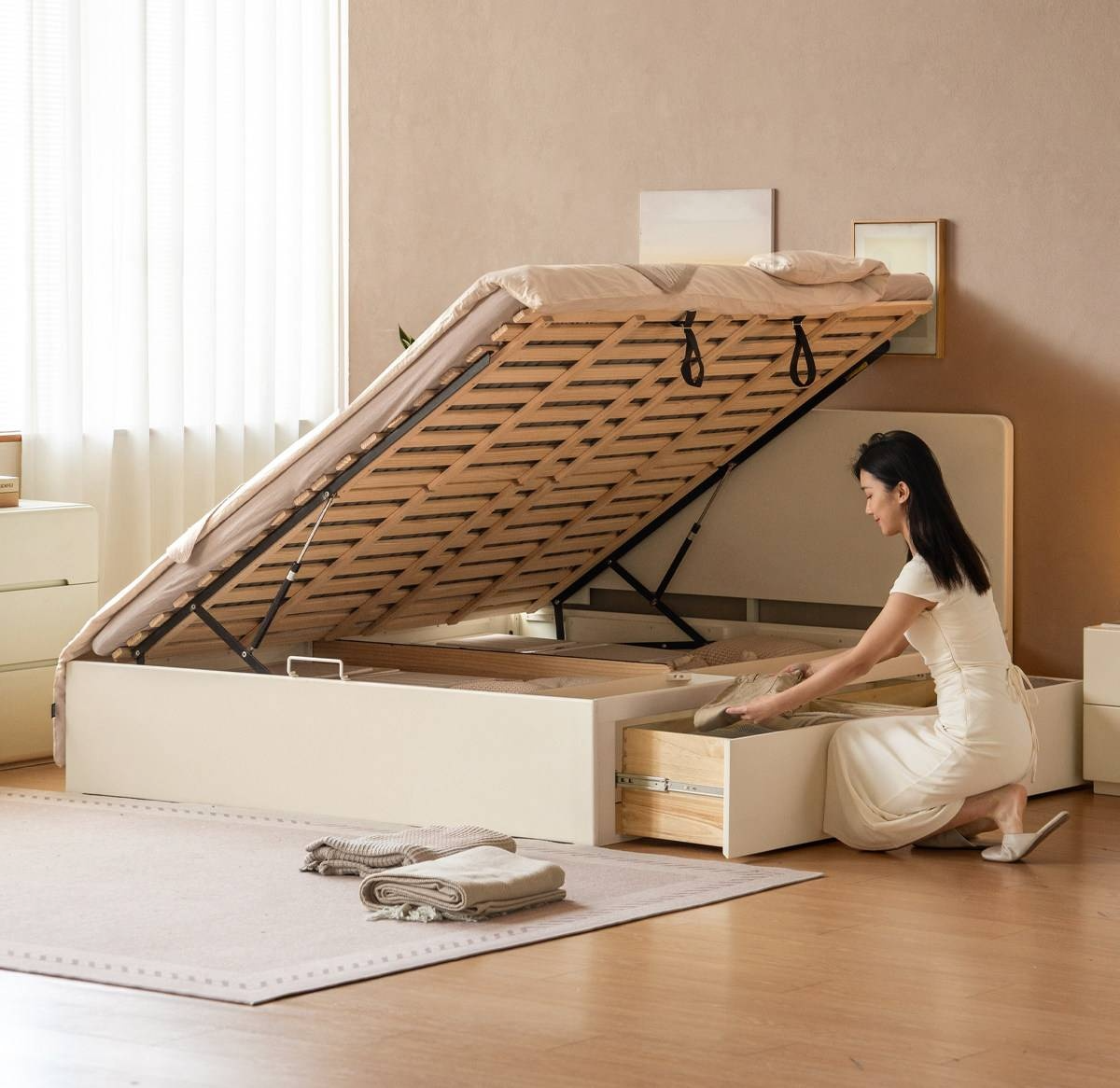 Rubberwood Solid Wood Platform Storage Bed with Gas Lift Base and Side Drawers