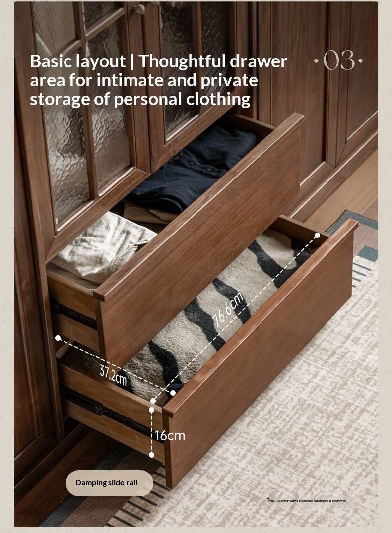 Black Walnut Solid Wood Wardrobe with French Retro Style and Double Doors