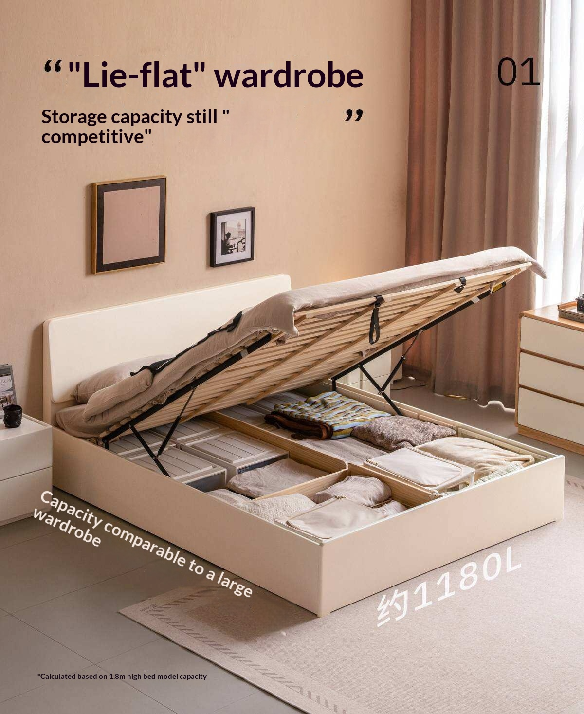 Rubberwood Solid Wood White Cream Gas Lift Storage Bed