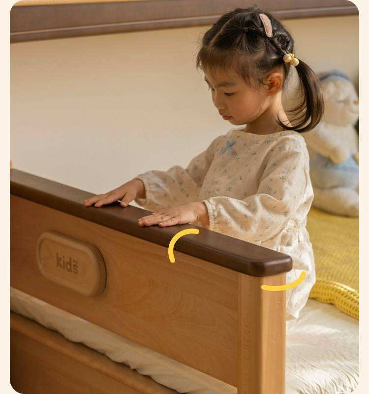 Beech Solid Wood Kids Bed with Bookcase Headboard and Pull-Out Trundle