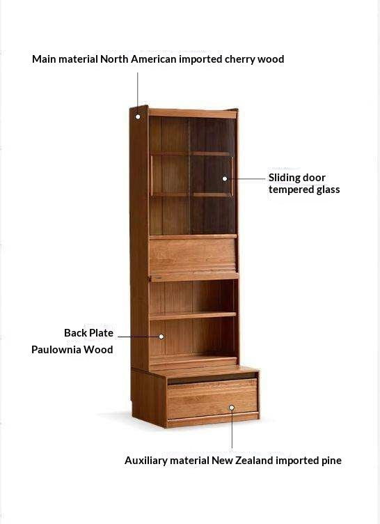 Cherry Solid Wood Bookcase with Wall Integration and Floor Storage Cabinet