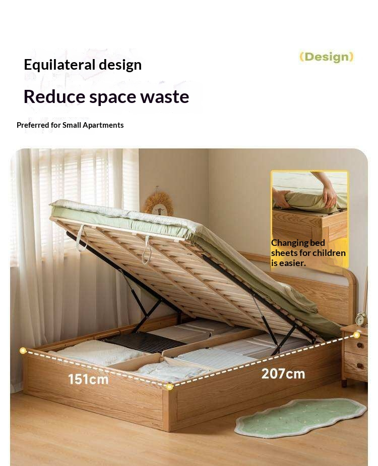 Oak, Rubberwood Solid Wood Storage Bed with Adjustable Height and Gas Lift
