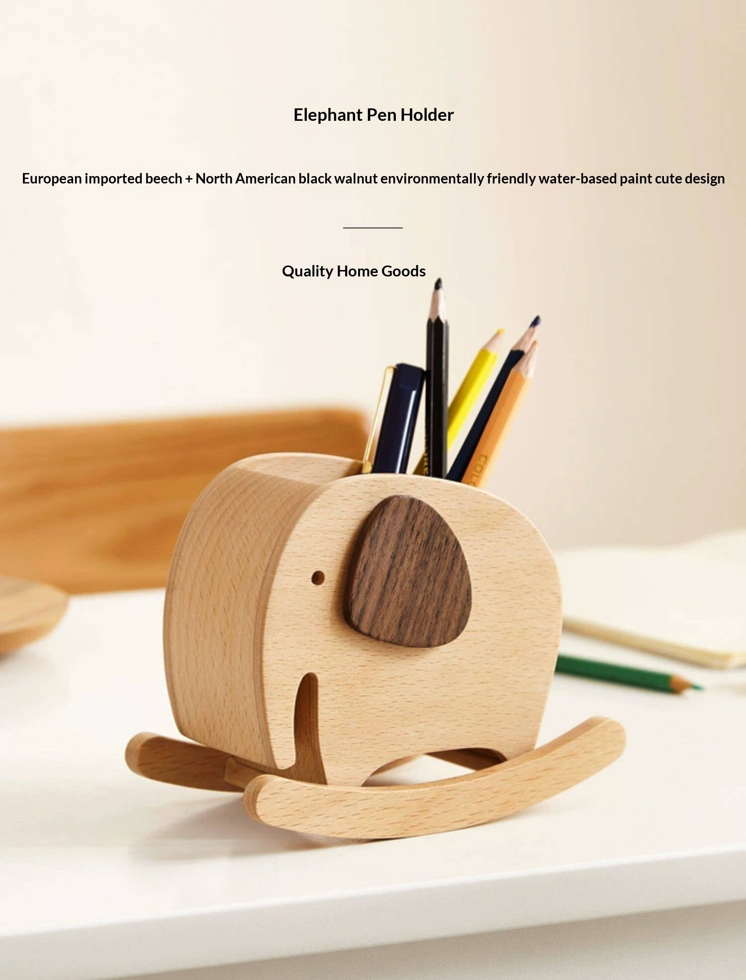 Beech, Black Walnut Solid Wood Elephant Pen Holder