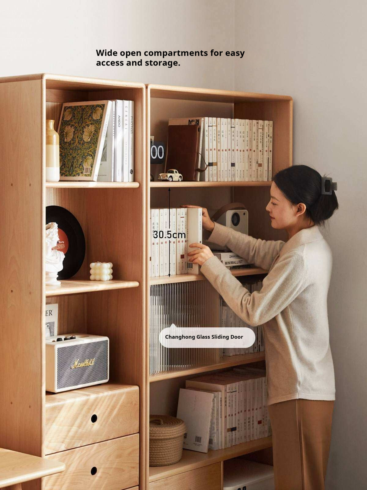 Beech Solid Wood Bookcase with Spacious Cabinet Storage