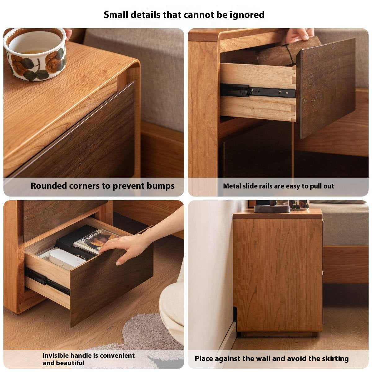 Cherry Solid Wood, Solid Rubberwood Nightstand