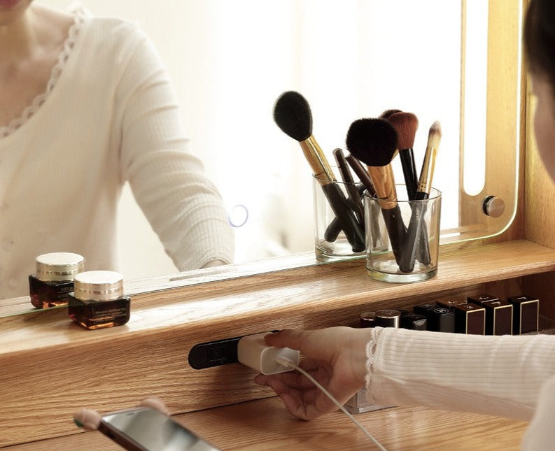 Oak, Rubberwood Solid Wood Vanity Table Telescopic.