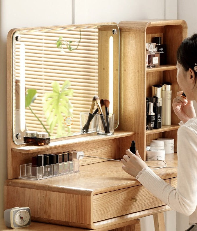 Oak, Rubberwood Solid Wood Vanity Table Telescopic.