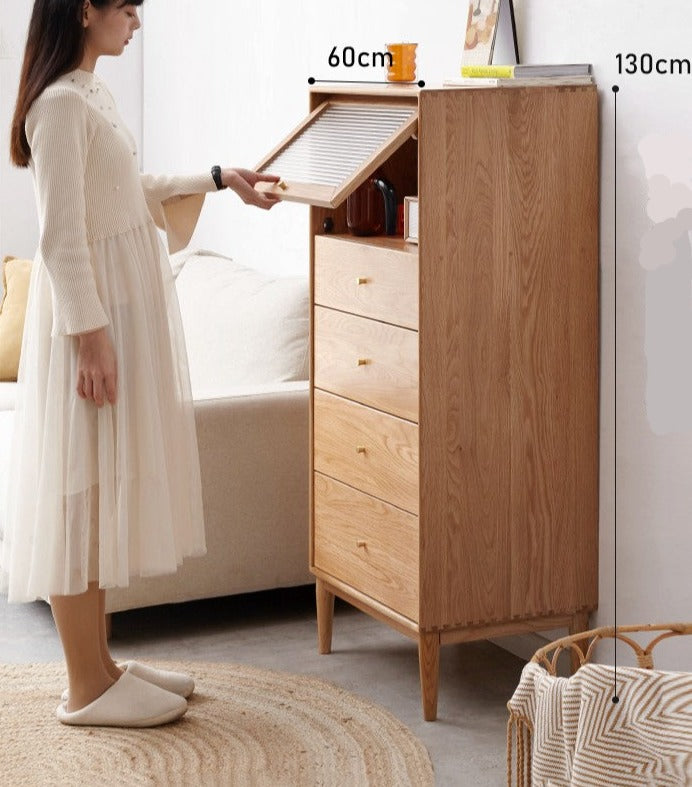 Oak Solid Wood Chest of Drawers Flip Glass Door