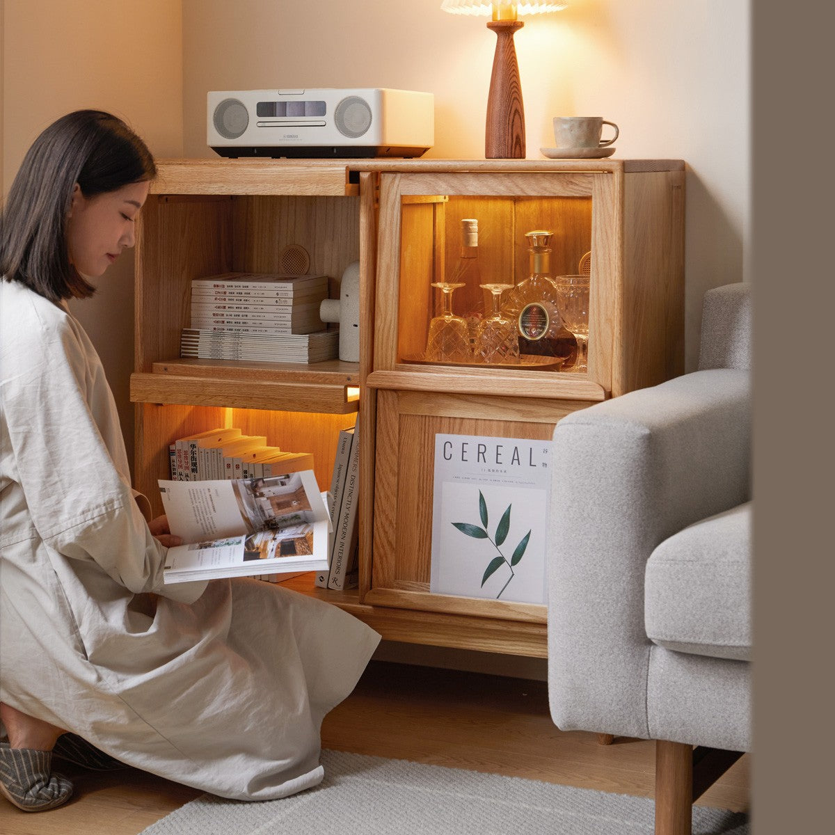 Oak, Сherry, Ash Solid Wood Four-Door Bookcase with Light, Magazine Cabinet.