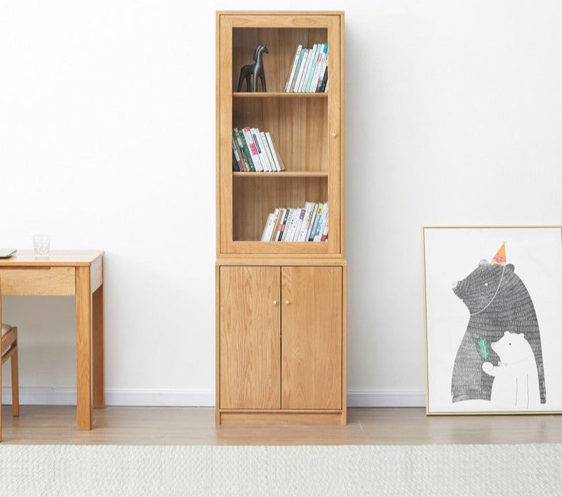 Oak Solid Wood Narrow Bookcase With Doors