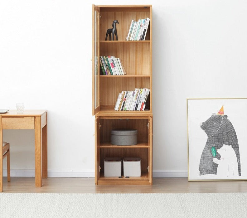 Oak Solid Wood Narrow Bookcase With Doors