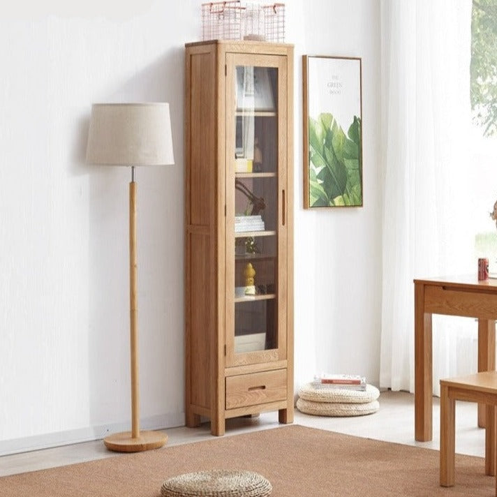 Oak Solid Wood Narrow Bookcase With Doors