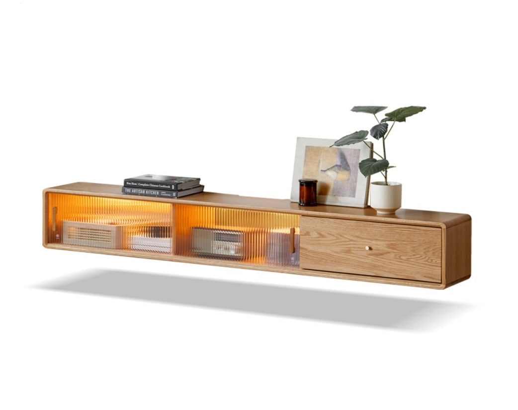 Oak solid wood suspended TV cabinet glass sliding door LED lights"+