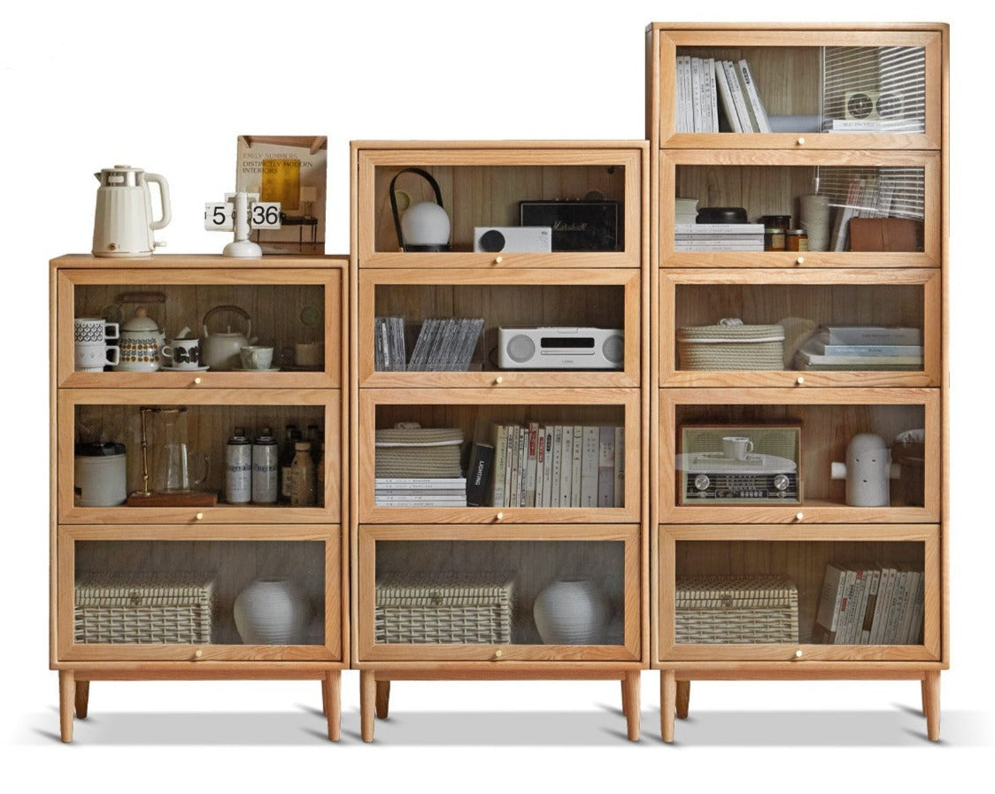Multi-layer flip door side cabinet, bookcase oak solid wood"