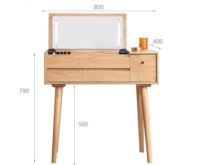 Oak Solid Wood, Solid RubberWood Dressing Table Mirror LED Touch Light.