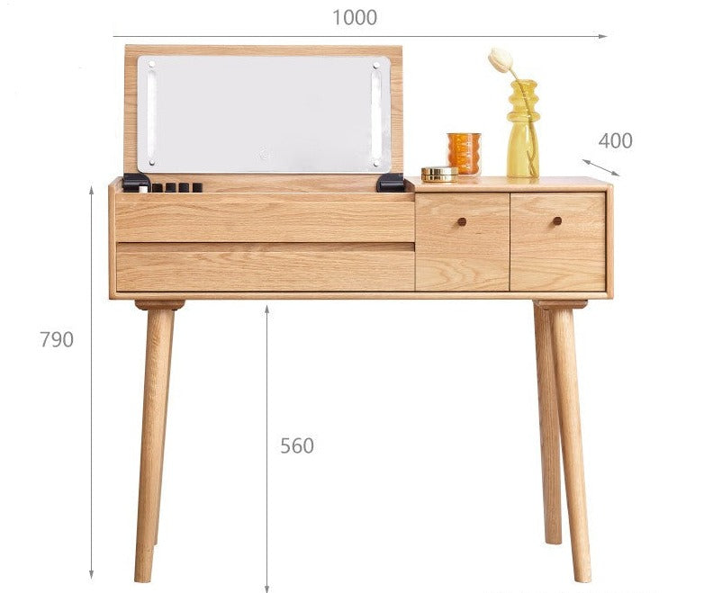 Oak Solid Wood, Solid RubberWood Vanity Table Mirror LED Touch Light.