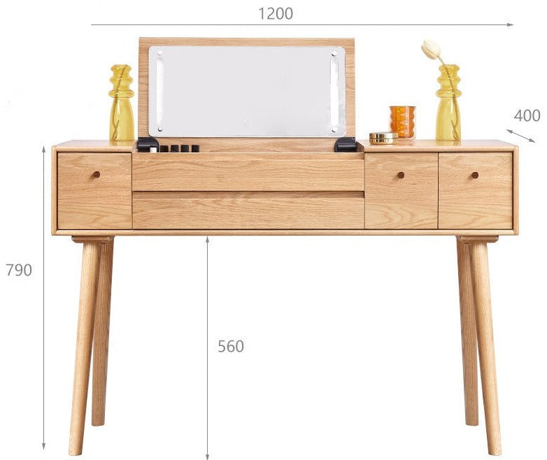 Oak Solid Wood, Solid RubberWood Dressing Table Mirror LED Touch Light.