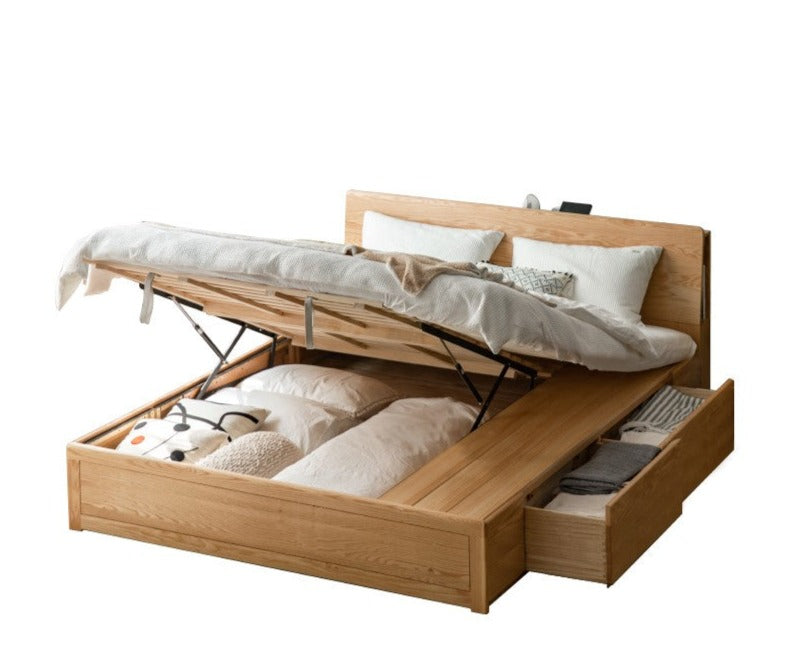 Oak Solid Wood Box Bed with Light And Bookshelf
