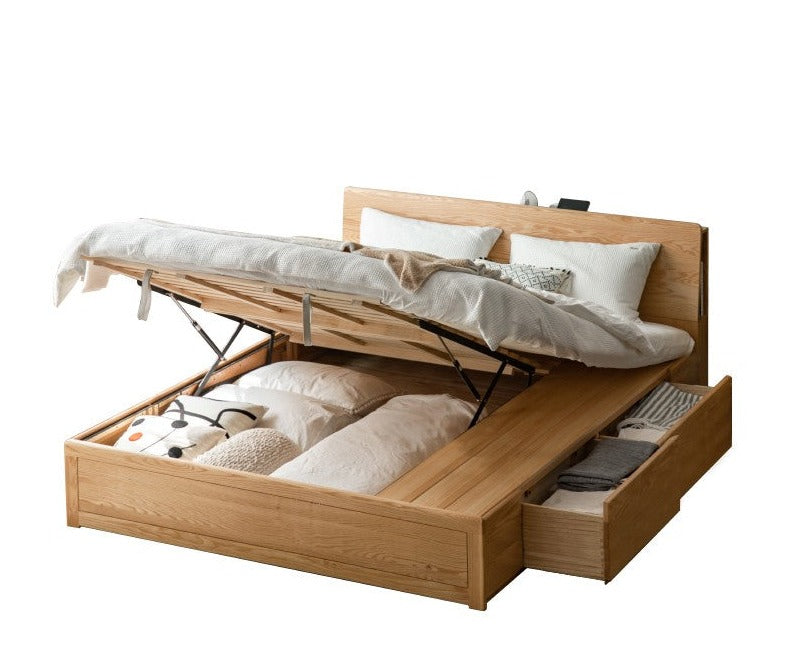 Oak Solid Wood Box Bed with Light And Bookshelf