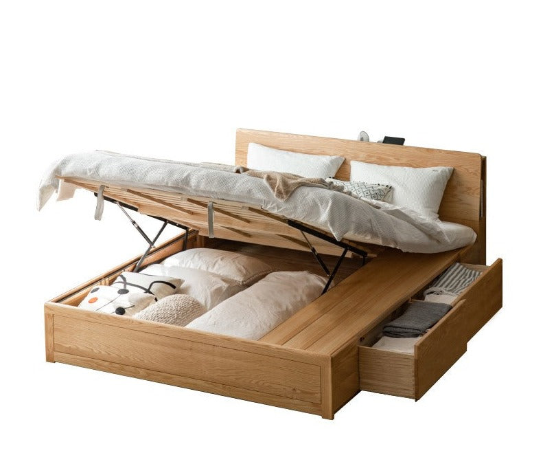 Oak Solid Wood Box Bed with Light And Bookshelf