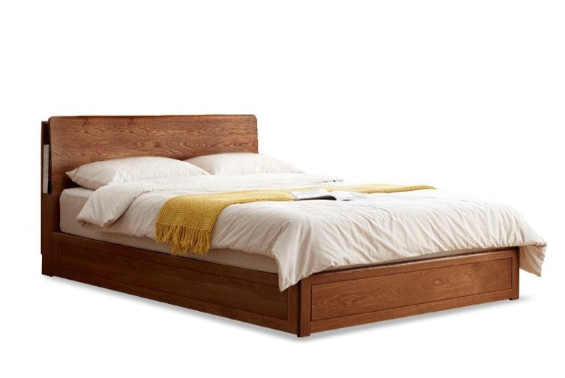 Oak Solid Wood Box Bed with Light And Bookshelf