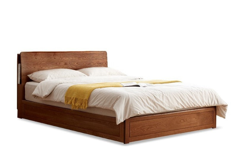 Oak Solid Wood Box Bed with Light And Bookshelf