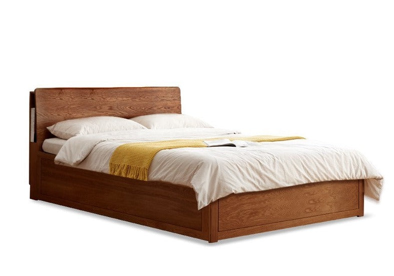 Oak Solid Wood Box Bed with Light And Bookshelf