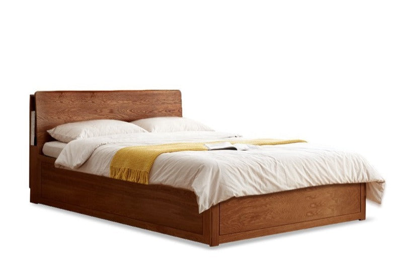 Oak Solid Wood Box Bed with Light And Bookshelf