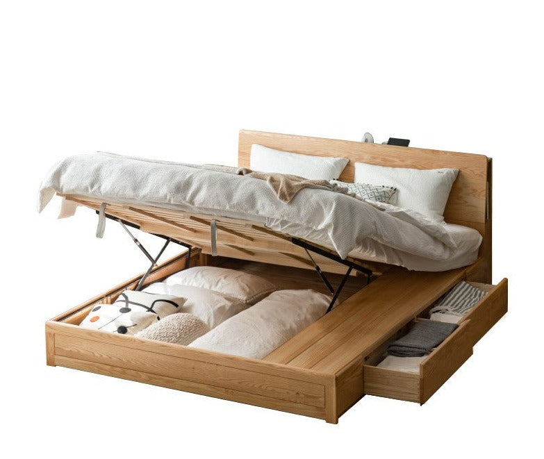 Oak Solid Wood Box Bed with Light And Bookshelf
