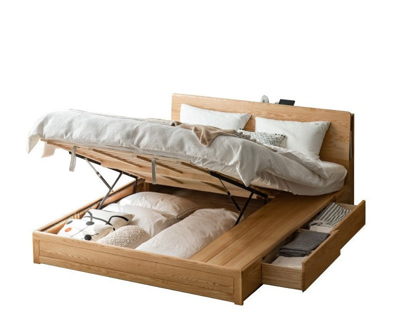Oak Solid Wood Box Bed with Light And Bookshelf