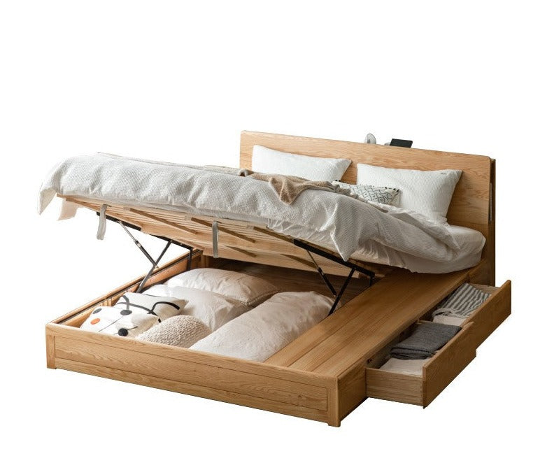 Oak Solid Wood Box Bed with Light And Bookshelf