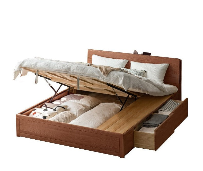 Oak Solid Wood Box Bed with Light And Bookshelf
