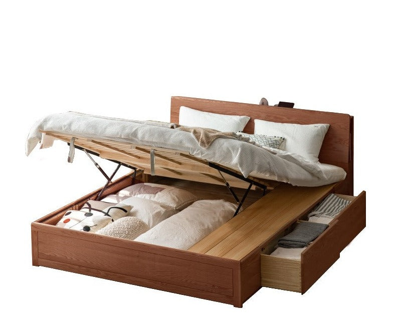 Oak Solid Wood Box Bed with Light And Bookshelf
