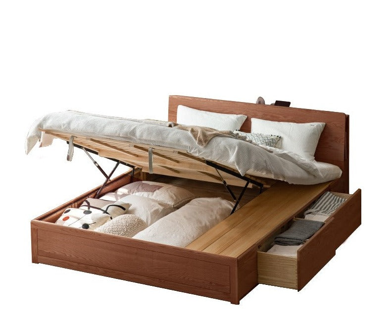Oak Solid Wood Box Bed with Light And Bookshelf