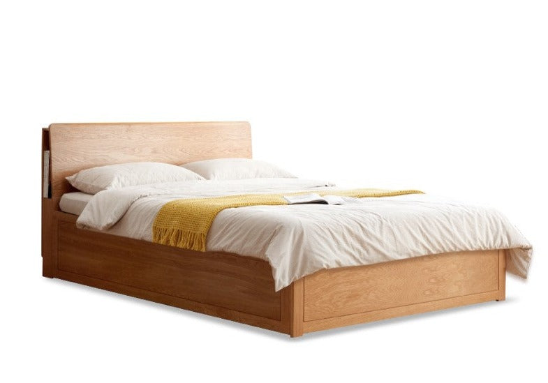 Oak Solid Wood Box Bed with Light And Bookshelf