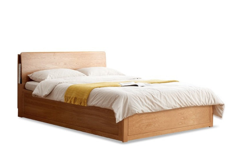 Oak Solid Wood Box Bed with Light And Bookshelf