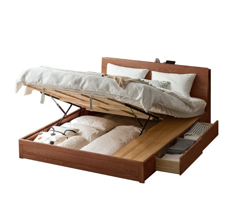 Oak Solid Wood Box Bed with Light And Bookshelf