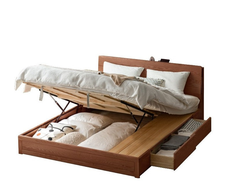 Oak Solid Wood Box Bed with Light And Bookshelf