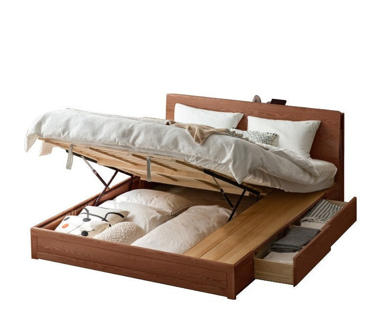 Oak Solid Wood Box Bed with Light And Bookshelf