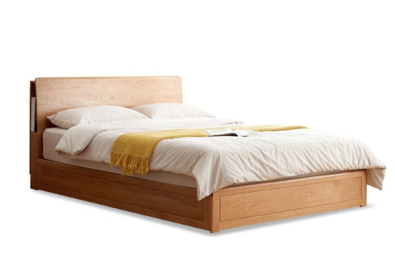 Oak Solid Wood Box Bed with Light And Bookshelf