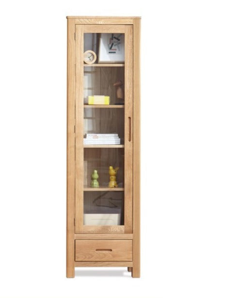 Oak, Solid Rubberwood Modern Bookcase with Glass Door Display Cabinet